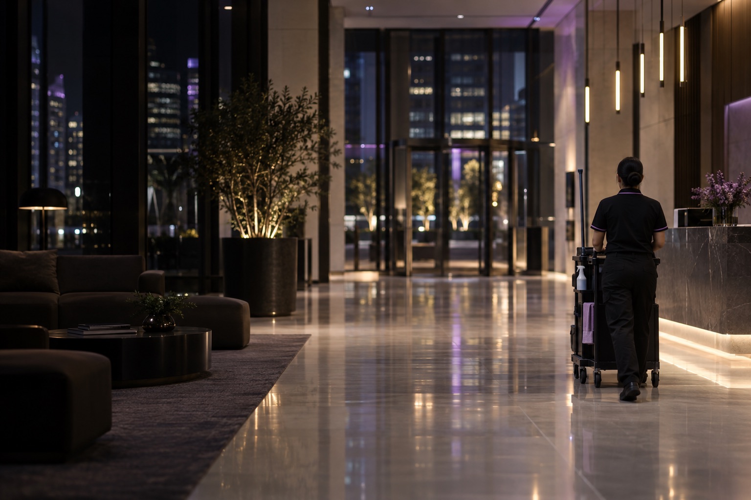 A spotless office lobby at night